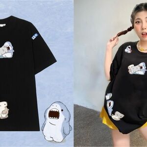 Black Graphic T-Shirt with Cartoon Characters